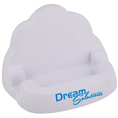 Foam white phone stand cloud stress reliever with custom imprint.