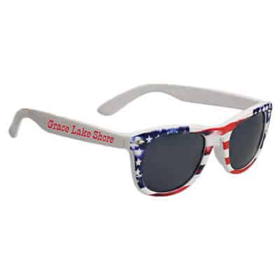 Polycarbonate USA flag American malibu sunglasses with custom imprint.