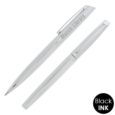 Custom silver writing set with engraved logo.