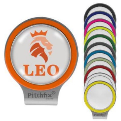 Pitchfix magnetic ball market hat clip with full color custom promotional imprint.