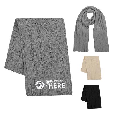 Folded cable knit gray scarf with embroidered logo.