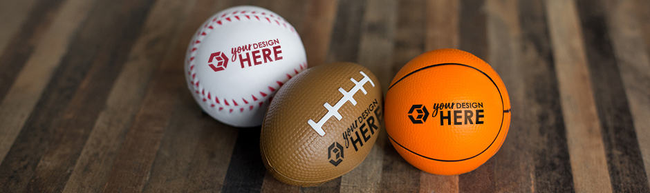 Baseball stressball with red imprint, brown football stressball with white imprint, orange basketball stressball with black imprint