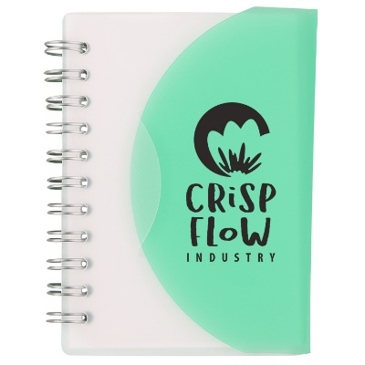 Customized translucent green notebook with fold over closure.