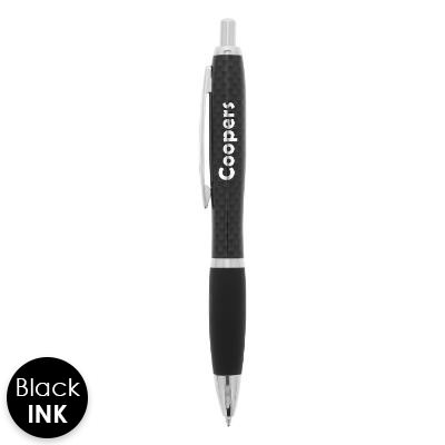 Custom engraved pen with rubber grip and imitation carbon fiber barrel.