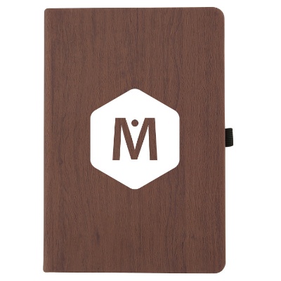 Polyurethane dark brown woodgrain look journal with printed logo.