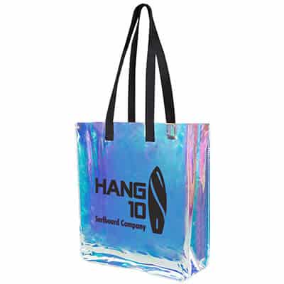 Plastic iridescent hologram tote with branded imprinting.