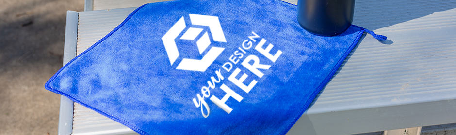 Blue promo towels with white imprint