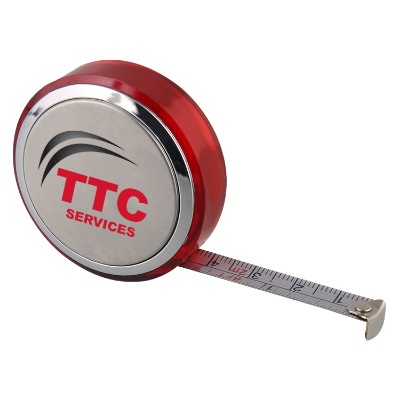 PS plastic silver with red trim round mini tape measure with custom imprint.