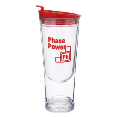 Clear tumbler with red lid and custom logo.