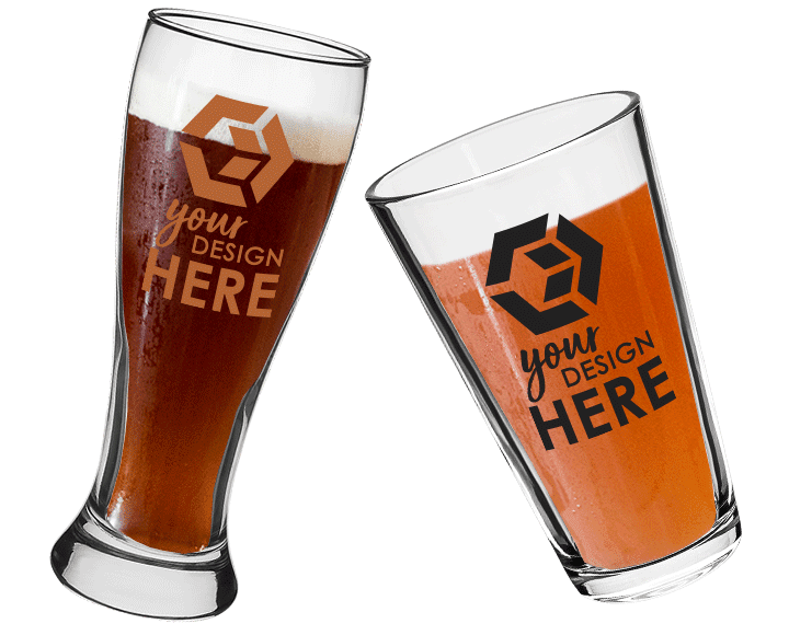 Custom beer glasses with brown imprint and beer glasses with logos black imprint