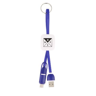 Plastic navy blue charging cord keychain branded.