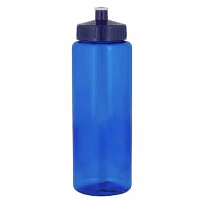 Plastic blue water bottle with push pull lid blank in 32 ounces.