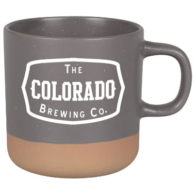 Ceramic gray coffee mug with c-handle and custom logo in 12 ounces.