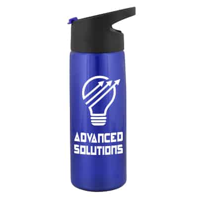 Plastic metallic blue water bottle with pop up sip lid and custom imprint in 26 ounces.