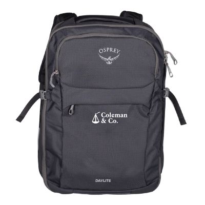 Gray recycled polyester backpack with custom imprint.