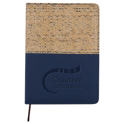 Navy Baley straw covered journal with custom debossed design.