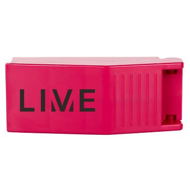 Plastic pink pill splitter with a customizable imprint.