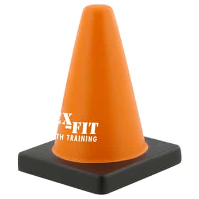 Foam traffic cone stress reliever with imprinted logo.