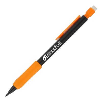 Black mechanical pencil with orange accents and custom imprint.