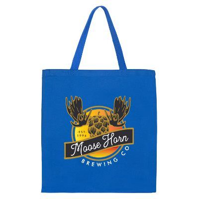 Cotton royal blue tote bag with full-color custom logo and self-fabric handles.