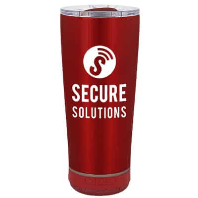 Stainless steel red tumbler with speaker and custom imprint in 18 ounces.