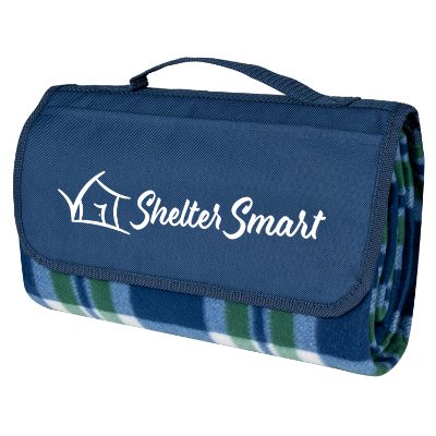 Customized light blue plaid role up fleece blanket with handle.