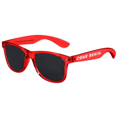 Polycarbonate translucent red sunglasses with custom print.