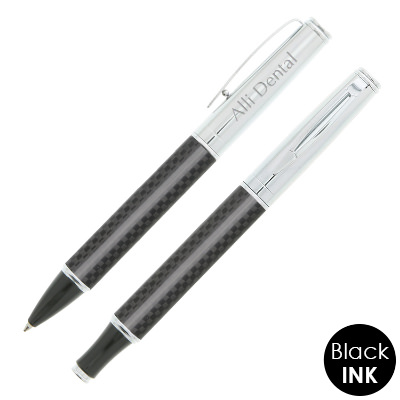 Carbon fiber with silver pen set with personalized engraved logo.