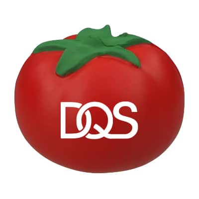 Foam tomato stress ball with a custom imprinted logo.
