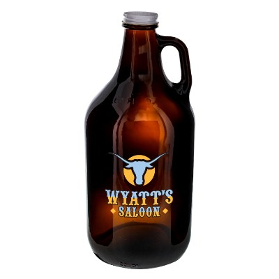 Amber beer growler with full color logo.