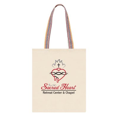 Tote bag with rainbow webbing handles and custom full-color logo.
