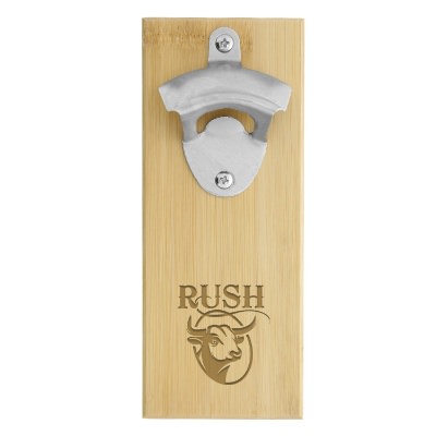 Bamboo wall mounted magnetic bottle opener with laser engraved custom imprint.