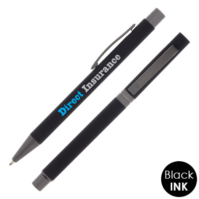 Black soft touch writing set with full color logo.