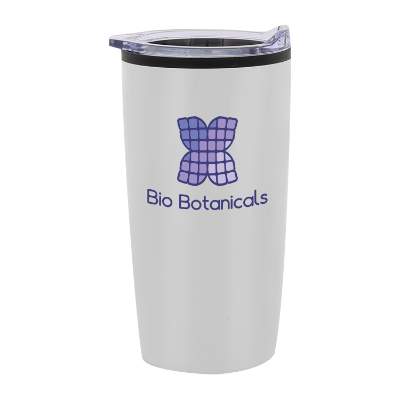 White tumbler with lid and full color logo.