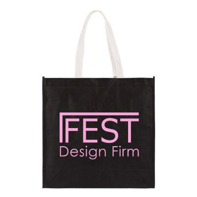 Non-woven polypropylene black with white statement tote with logo.