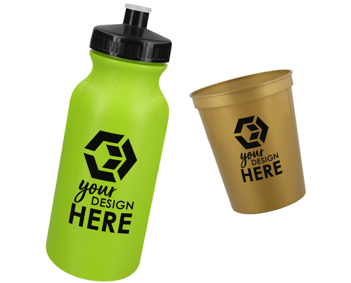 Eco friendly promotional products neon green sports bottle with black lid and black imprint and gold stadium cup with black imprint