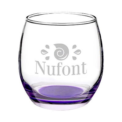 Purple wine glass with engraved logo.