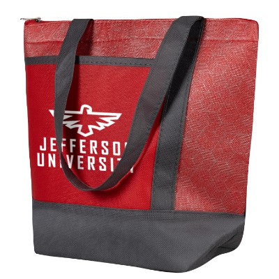 Red non-woven polypropylene can lunch cooler with custom logo.