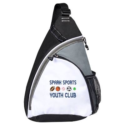 White sling backpack with full-color logo.