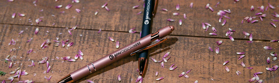 Rose gold custom metal pens with black imprint and black promotional metal pens with white imprint