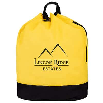 Polyester yellow drawstring tote backpack with branded imprint.