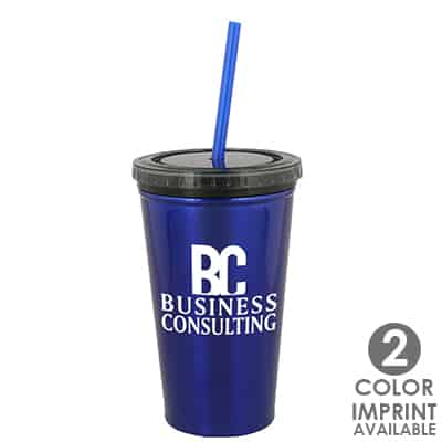 Stainless steel blue tumbler with custom logo in 16 ounces.