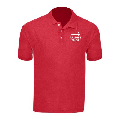 Heather red men's polo with custom imprint.
