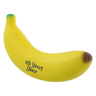 Foam banana stress reliever with personalized promotional.
