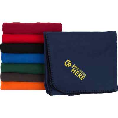 Embroidered dark blue brushed polyester blanket wit whip stitched edges.