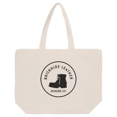 Natural cotton tote bag with custom print, 5-inch gussets and reinforced handles.
