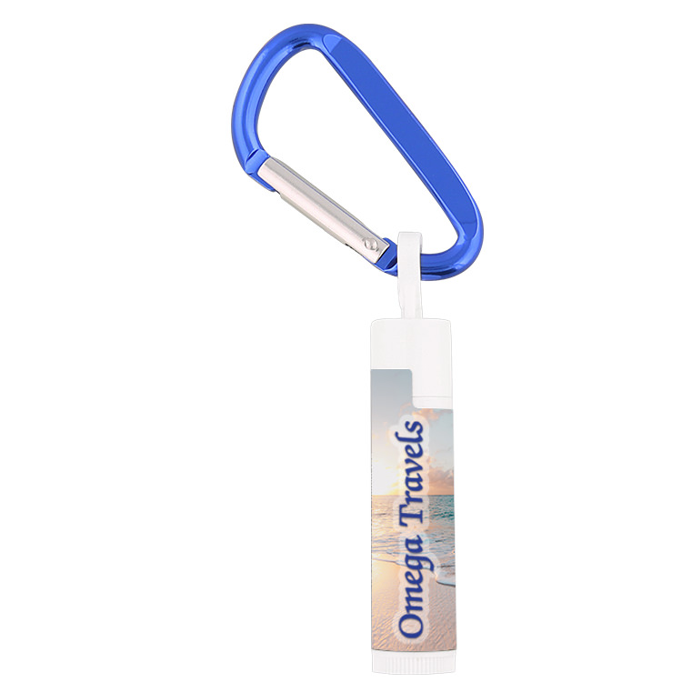 Plastic blue SPF 30 lip balm with carabiner with full color logo.