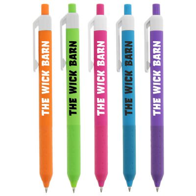 Colored pen with white clip and personalized logo.
