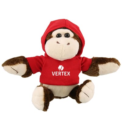 Plush and cotton gorilla with red hoodie with branded logo.