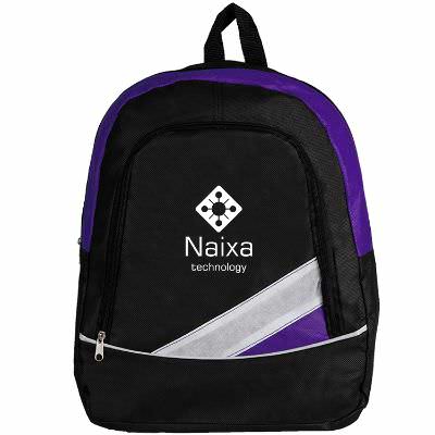 Non-woven polypropylene purple thunderbolt backpack with imprint.